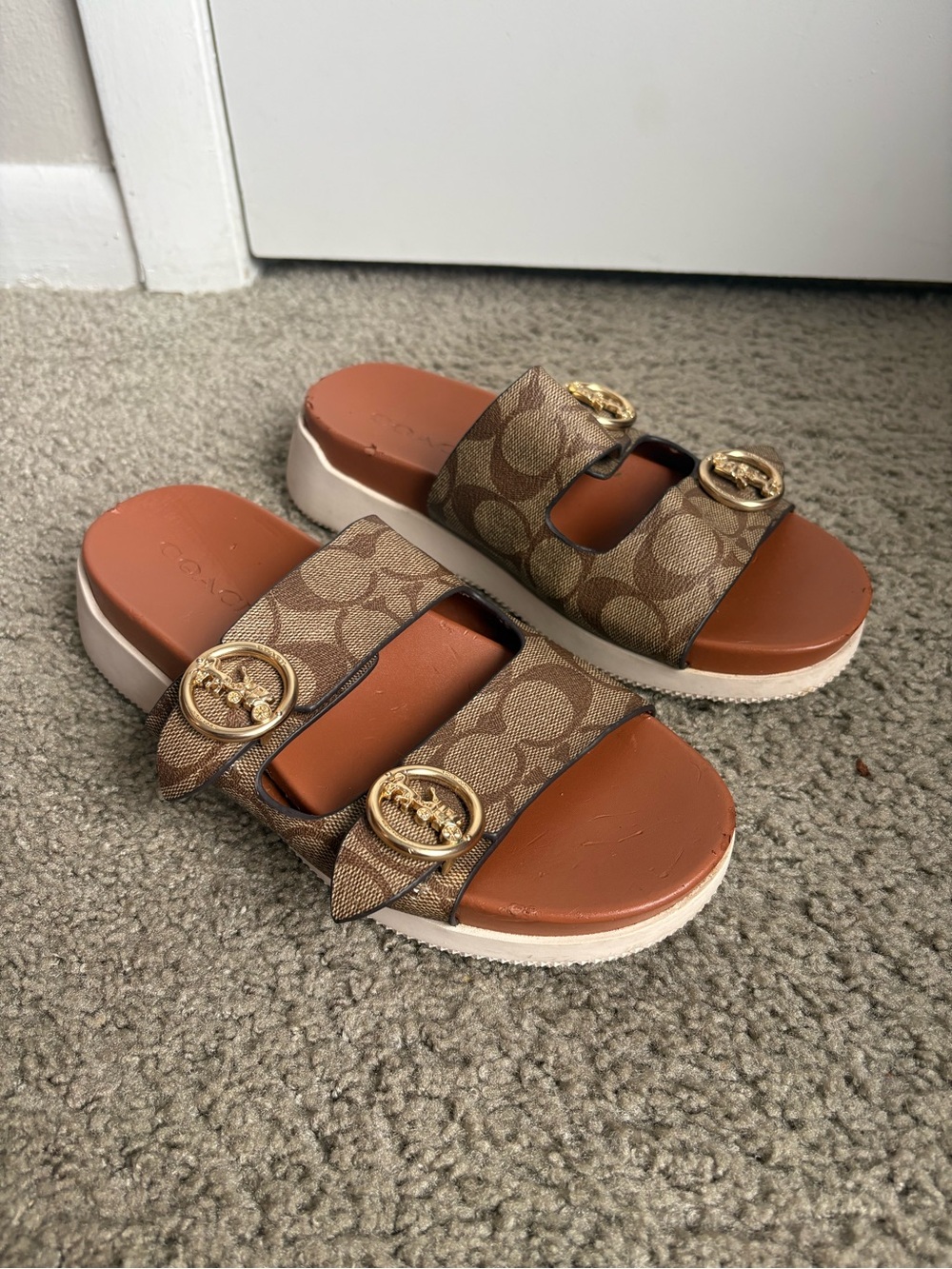 Coach Signature Logo Double Strap Slide Sandals Brown/Tan/White US 6B EU 36.5